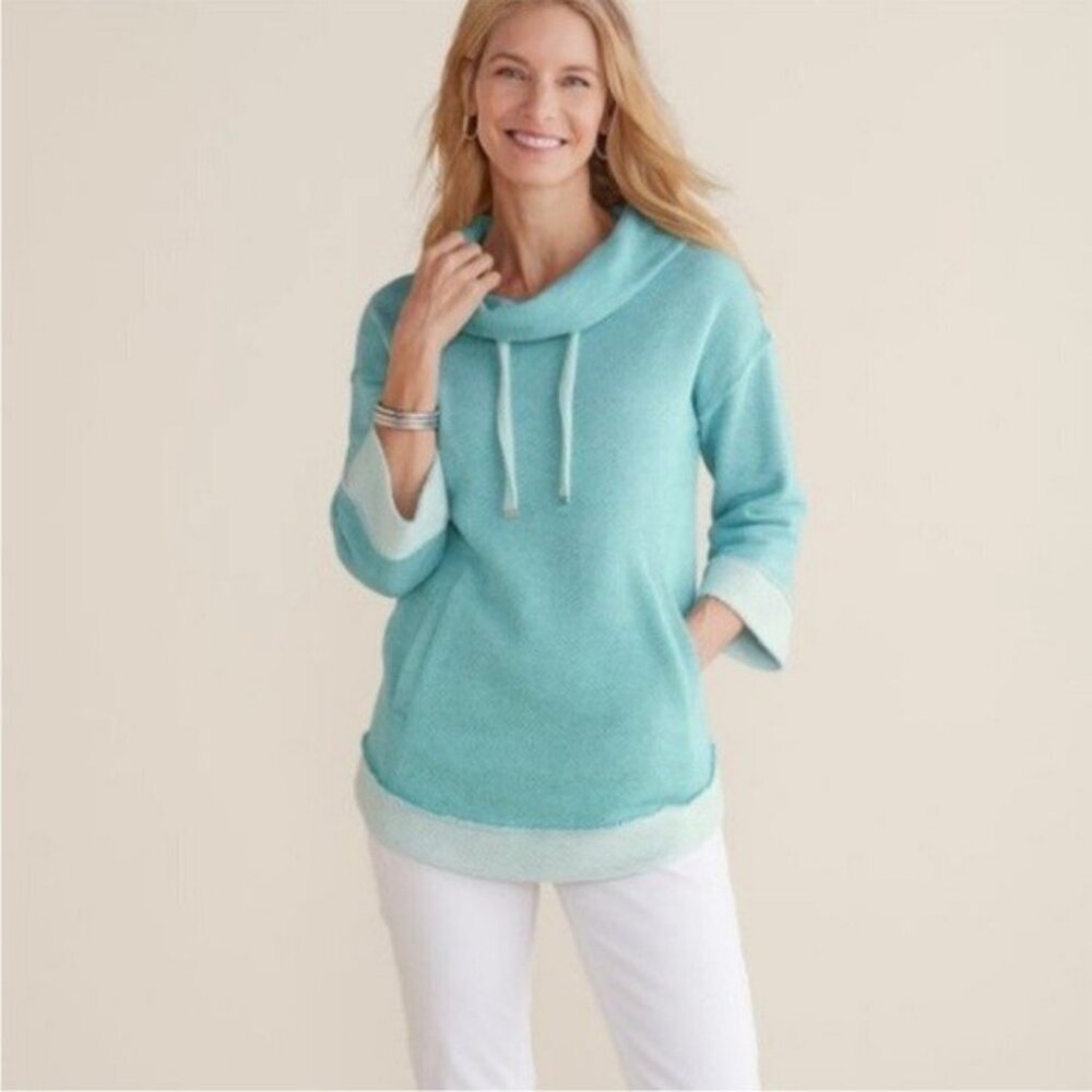Soft Surroundings Santorini Shores Teal Heather Cowlneck PU Sweater Size XLP